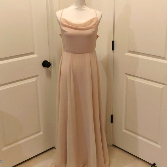 WAYF The Wesley Cowl Neck Chiffon Gown in Champagne sz Small - Picture 2 of 13